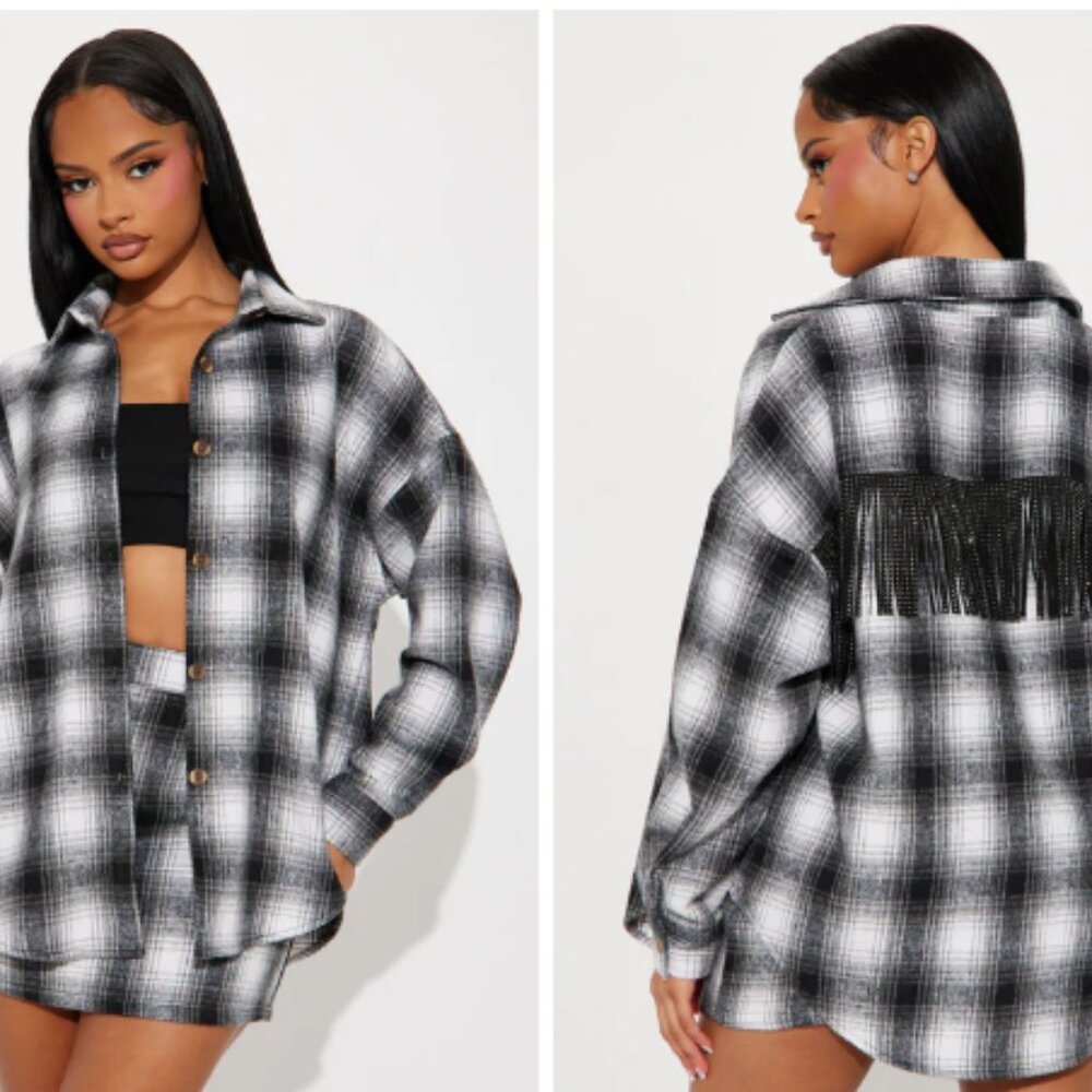 Black and White Flannel and Skirt Combo with Crystal Sparkle Fringe Detail NWT S
